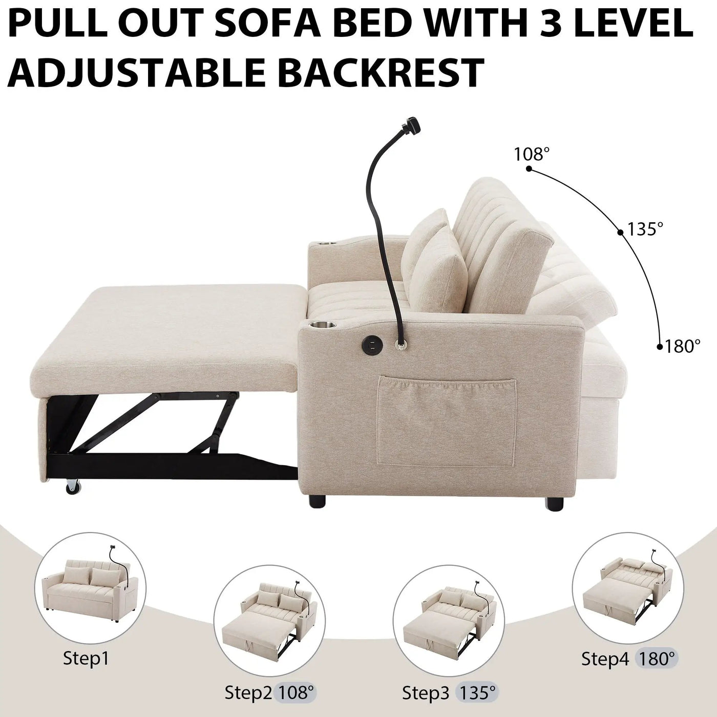 Convertible Sofa Bed Loveseat Sofa With Three USB Ports, Two Side Pockets, Two Cup Holders And 360° swivel Phone Holder For Living Room by Unique Piece Furniture