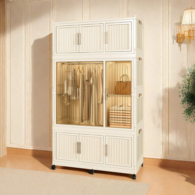 Portable Wardrobe Closet Storage Organizer With 9 Magnetic Doors - Cream White by Unique Piece Furniture