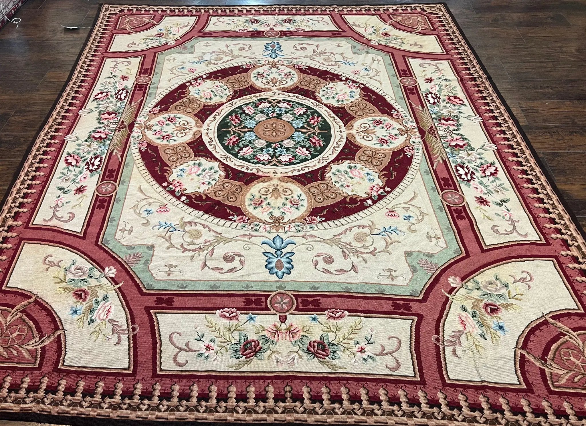 Needlepoint Rug 7.9 x 9, Beige Maroon Rose, Handmade Handwoven Flatweave Aubusson Savonnerie French European Elegant Carpet, Wool Rug by Jewel Rugs