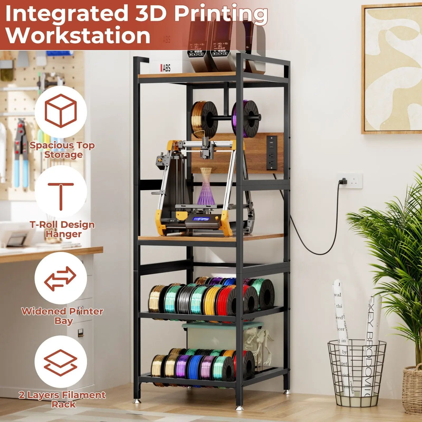 3D Printer Stand With Filament Storage, T-Type Holder, Built In Power Panelб Open Frame Printer Workstation - Black by HouseOfZazla