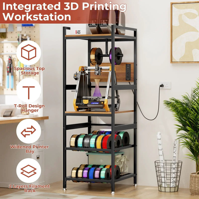 3D Printer Stand With Filament Storage, T-Type Holder, Built In Power Panelб Open Frame Printer Workstation - Black by HouseOfZazla