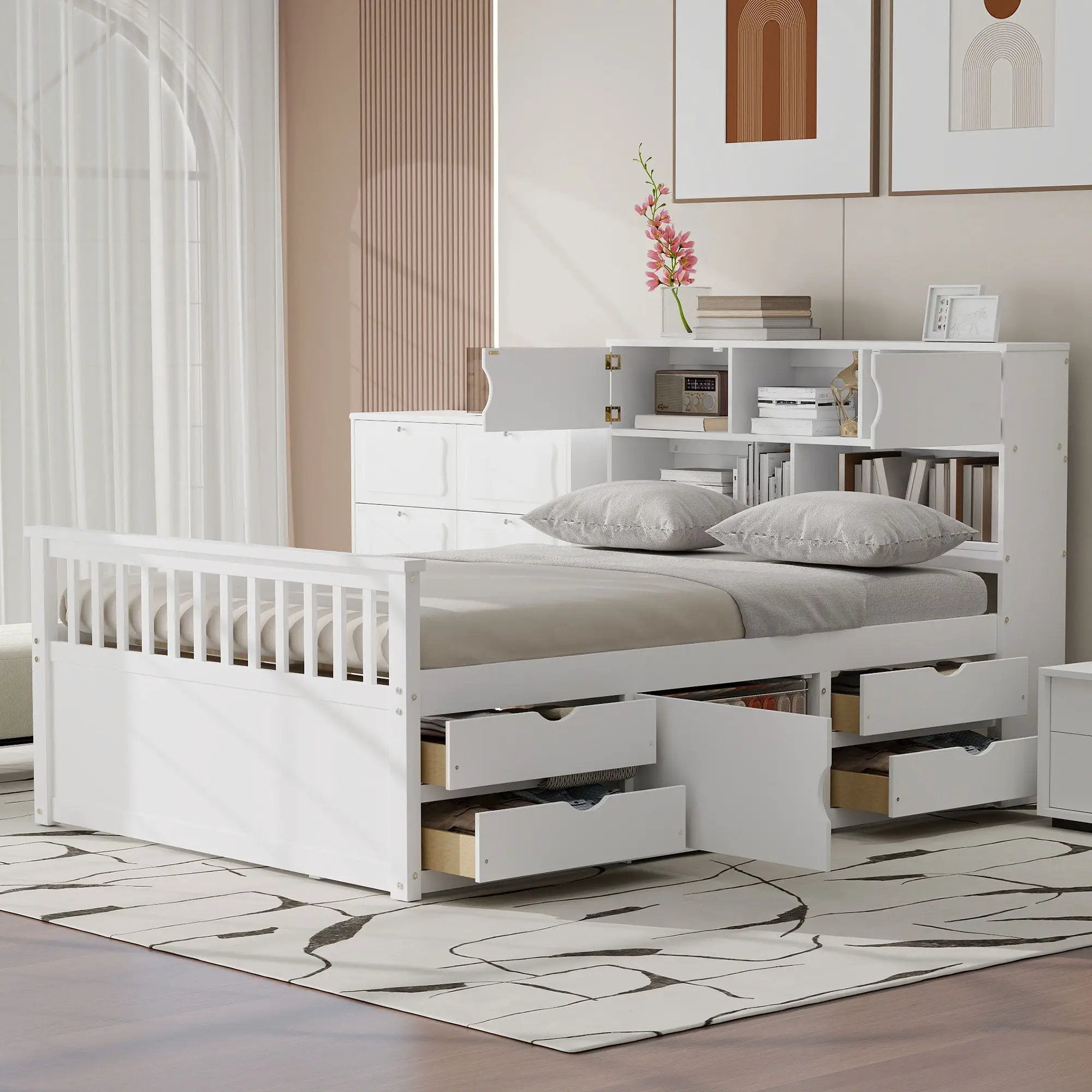 Captain Platform Bed Frame With Bookcase Headboard, 4 Drawers, Storage Shelves by Unique Piece Furniture