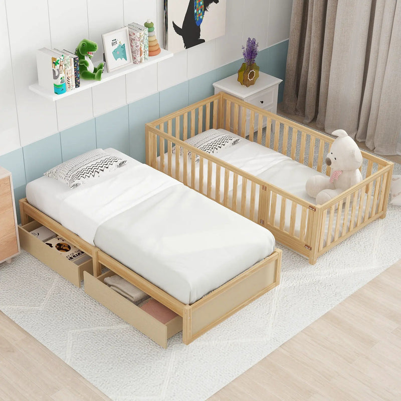 Daybed With Fence Guardrails And 2 Drawers, Split Into Independent Floor Bed & Daybed by HouseOfZazla