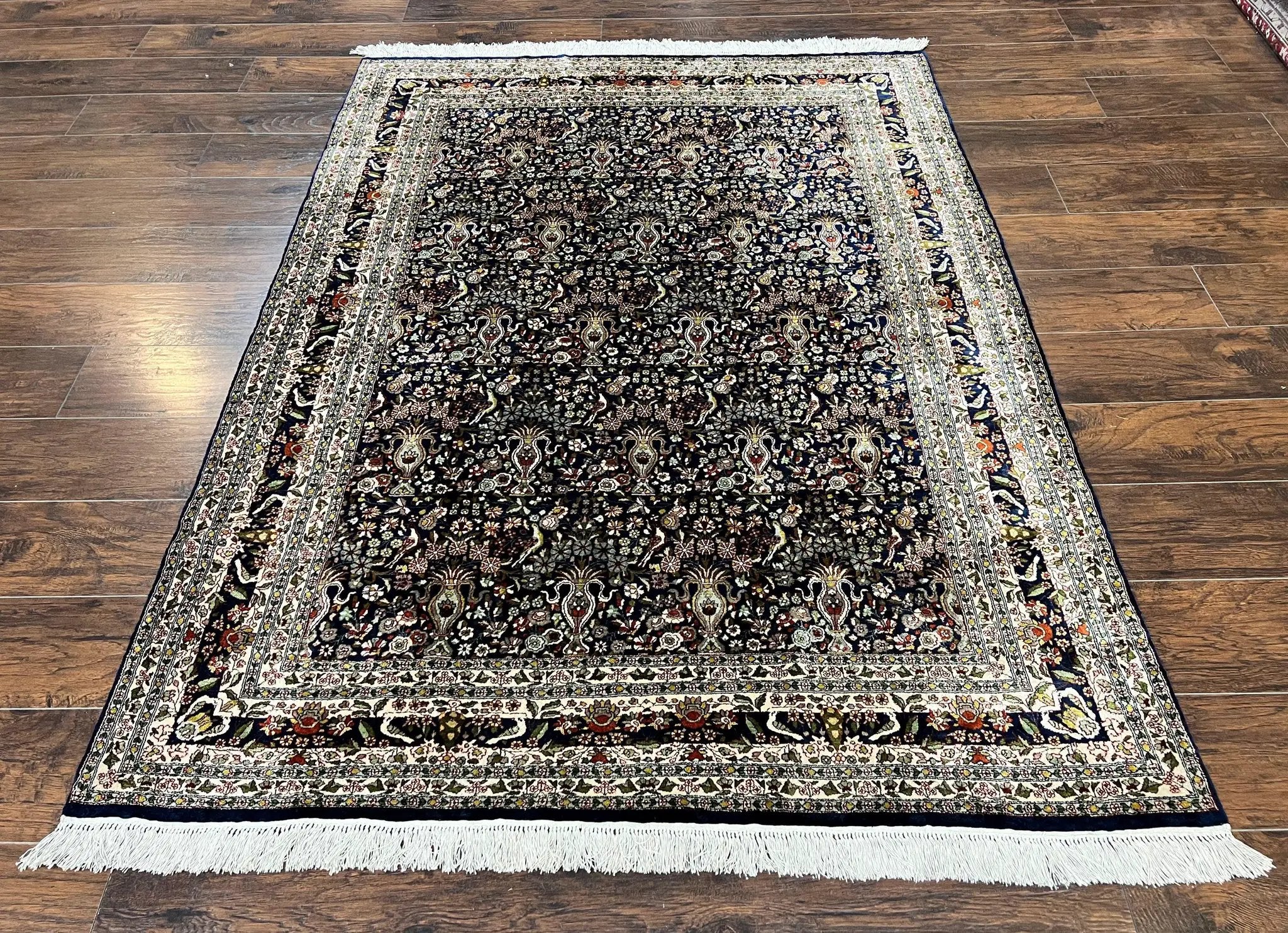 Silk Indian Kashmiri Rug 5x7, Navy Blue Indo Persian Silk Carpet 5 x 7 ft, Hand Knotted Handmade Very Fine Oriental Carpet, 450 KPSI, Birds by Jewel Rugs