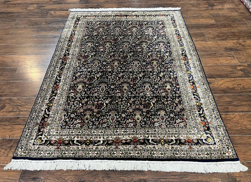Silk Indian Kashmiri Rug 5x7, Navy Blue Indo Persian Silk Carpet 5 x 7 ft, Hand Knotted Handmade Very Fine Oriental Carpet, 450 KPSI, Birds by Jewel Rugs