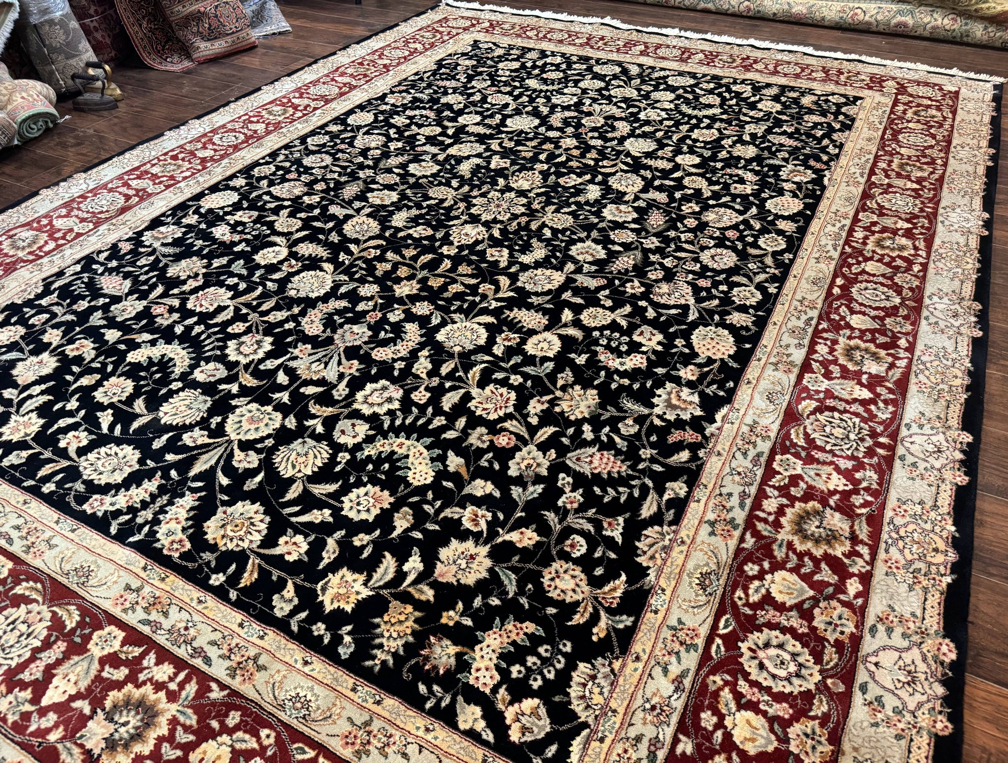 Sino Persian Rug 9x12, Fine Elegant Oriental Carpet 200 KPSI, Black and Dark Red, Allover Floral by Jewel Rugs