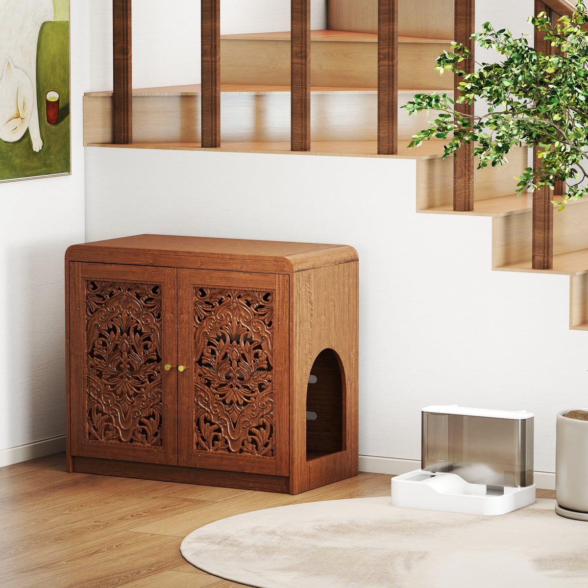 Walnut Cat Litter Box Enclosure Cabinet with Vent & Carved Doors - Walnut, photo 4 of 10