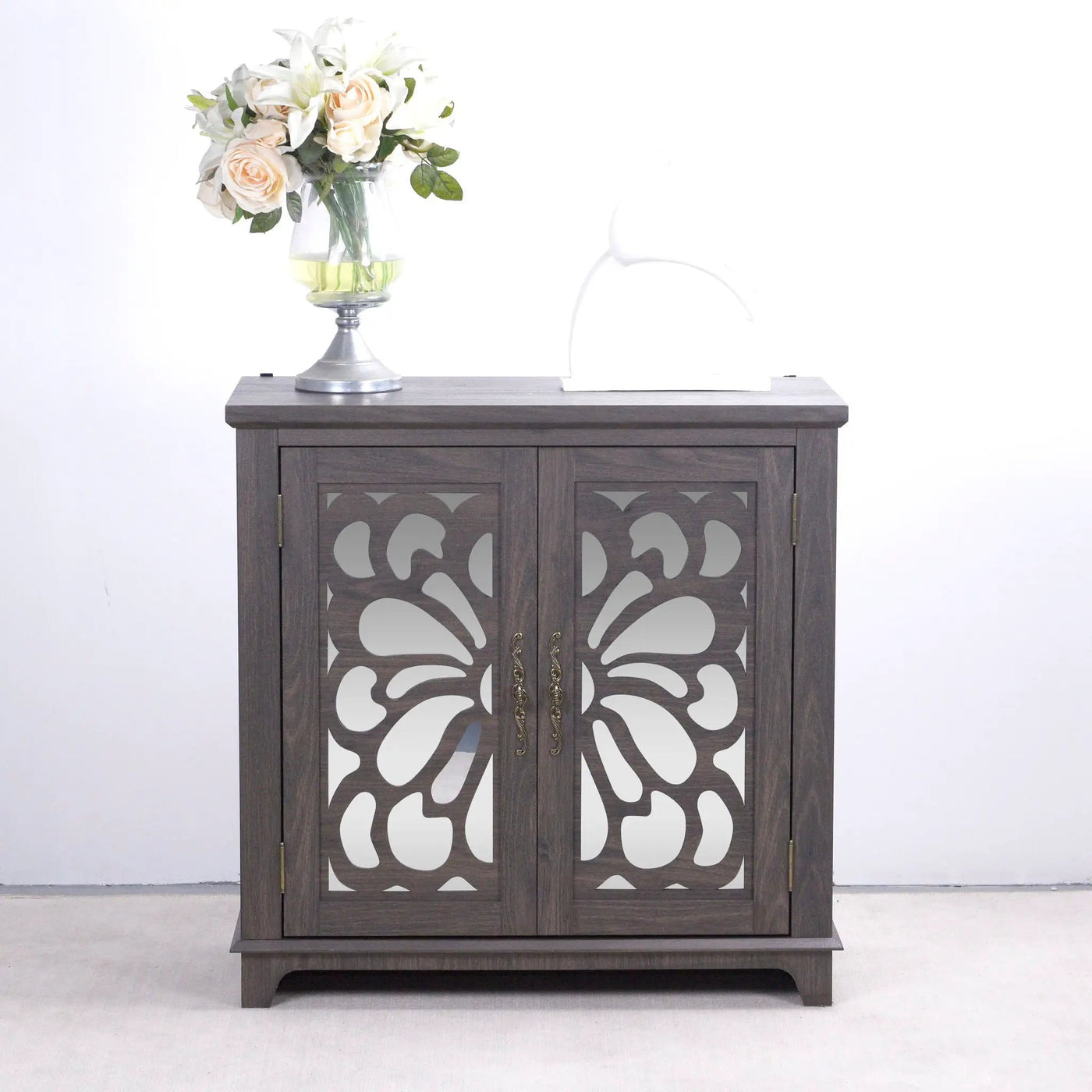Elegant Sideboard With 2 Acrylic Mirrored Doors, Adjustable Shelf Storage by HouseOfZazla