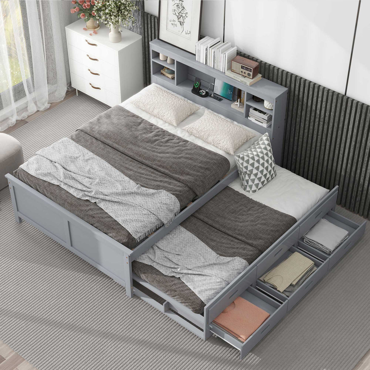 Platform Bed With Storage Headboard, USB, Trundle And 3 Drawers, photo 25 of 28