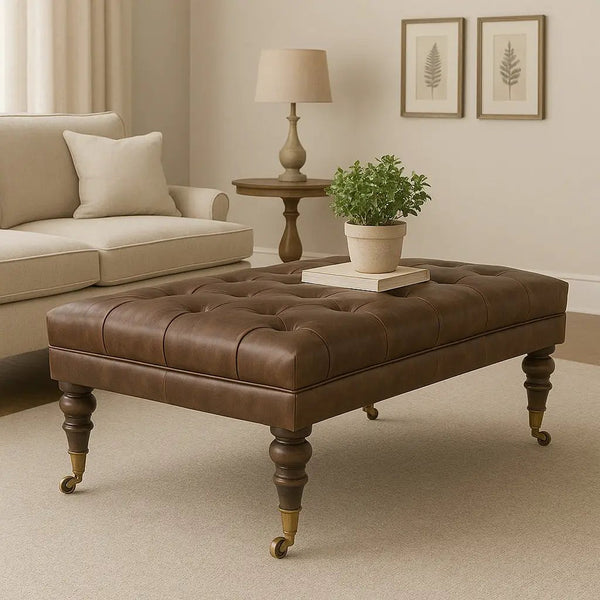 Solid Wood Buffalo Leather Upholstered Ottoman