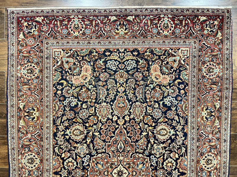 Persian Kashan Rug 4x7, Floral Medallion Vintage Handmade Hand Knotted Navy Blue & Red Wool Oriental Carpet, Highly Detailed Semi Antique Rug by Jewel Rugs