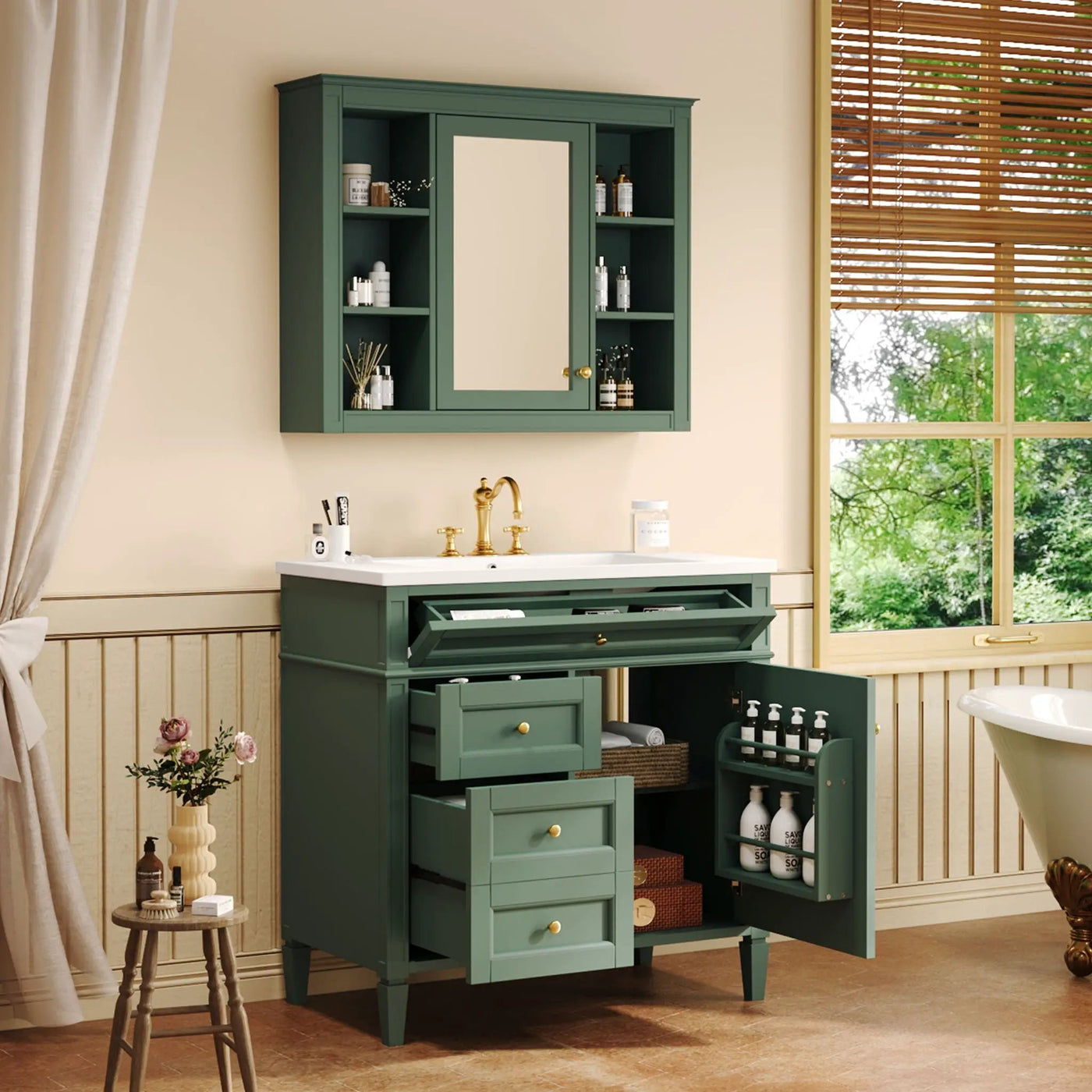 Bathroom Vanity With Mirror Cabinet, Single Sink With 2 Soft Closing Doors And 4 Drawers by HouseOfZazla
