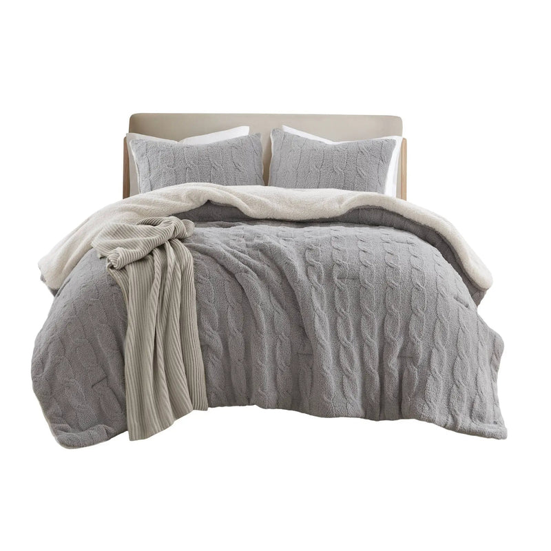 3 Pieces Full/Queen Cable Knit Chenille Comforter Set Gray by HouseOfZazla