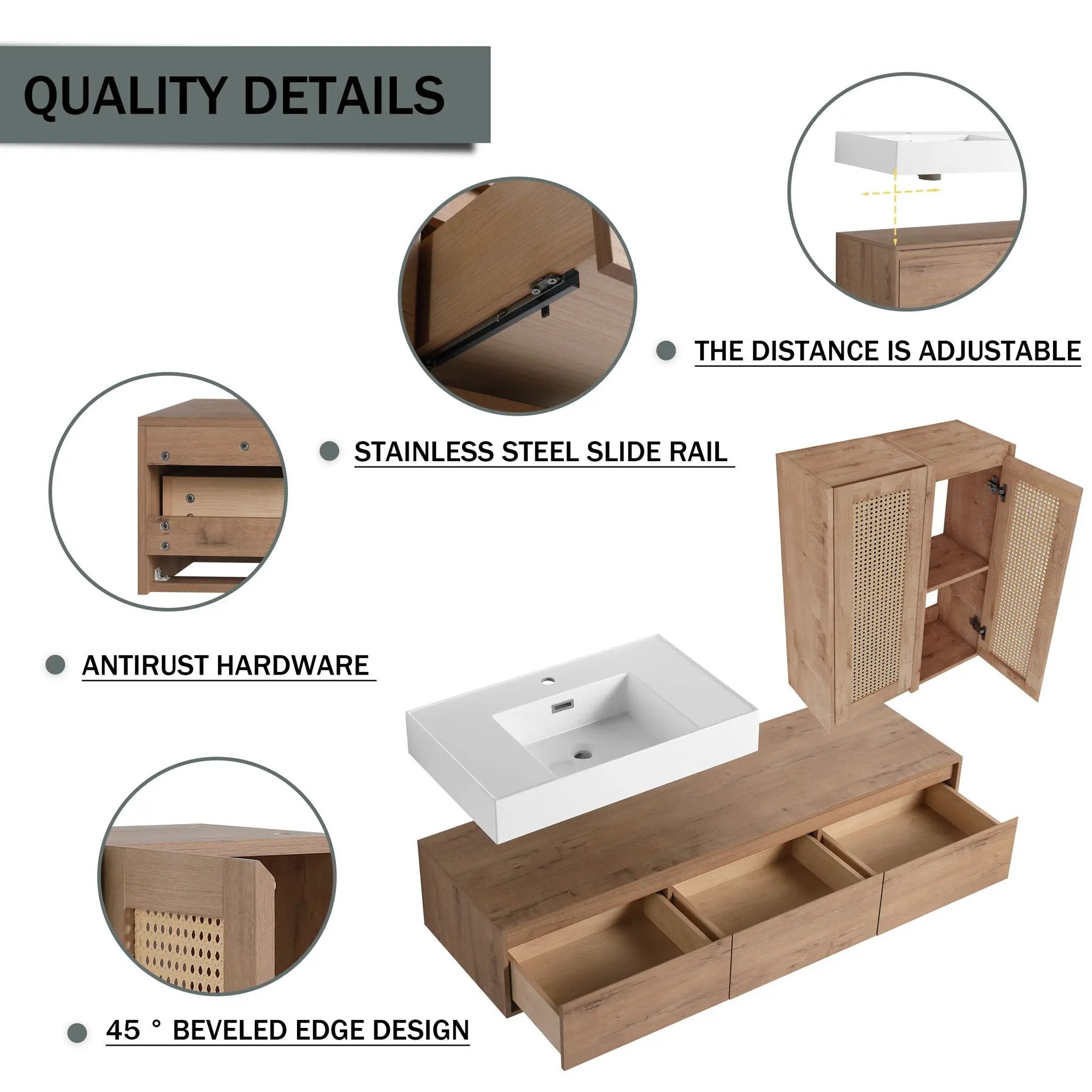 Modern Wall Mounted Bathroom Vanity With Resin Sink And 2 Side Cabinet, Imitative, Construction - Imitative Oak by HouseOfZazla