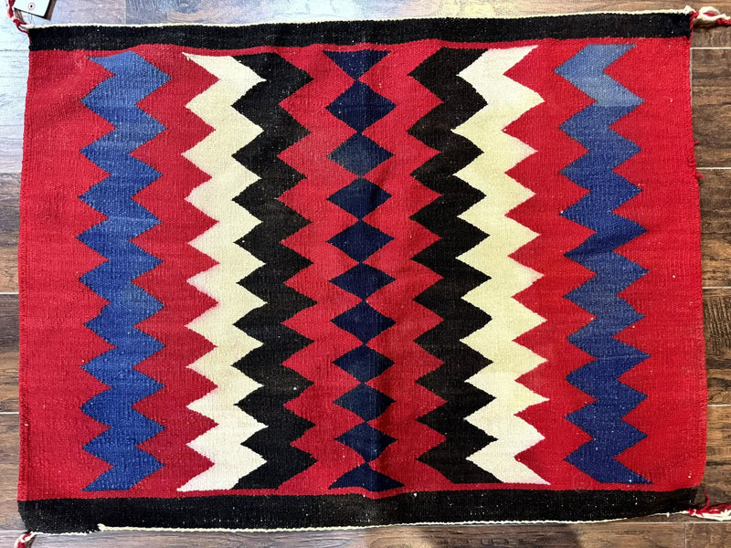 Antique Navajo Rug 3.7 x 2.8, Red Ivory Blue, Zig Zag Pattern, Handmade, Wool by Jewel Rugs