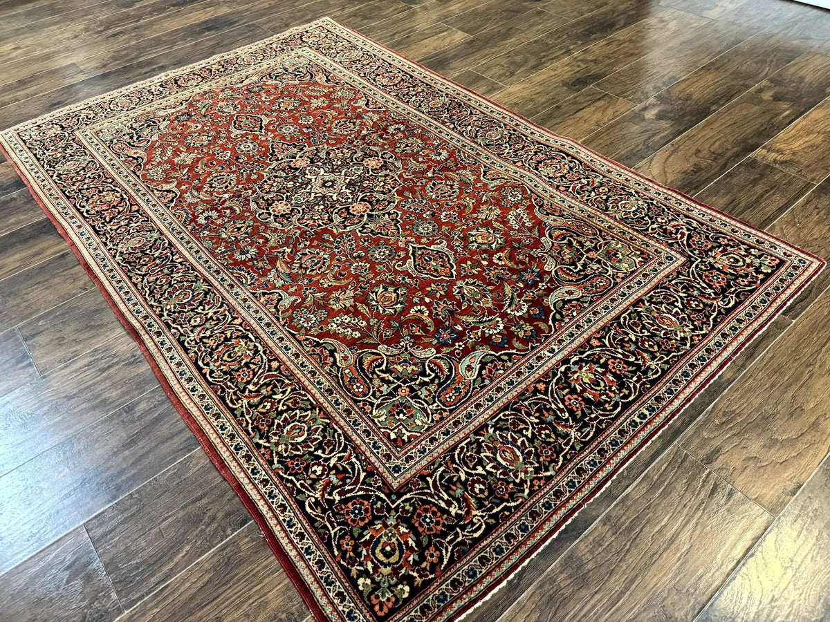 Persian Kashan Rug 4x7, Red and Navy Blue, Floral Antique Carpet by Jewel Rugs