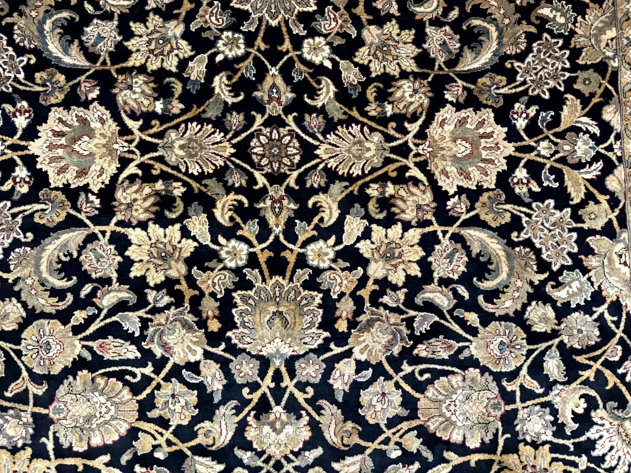 Indo Persian Rug 8x10, Black and Green, Wool, Handmade, Traditional, Floral Allover, Vintage by Jewel Rugs