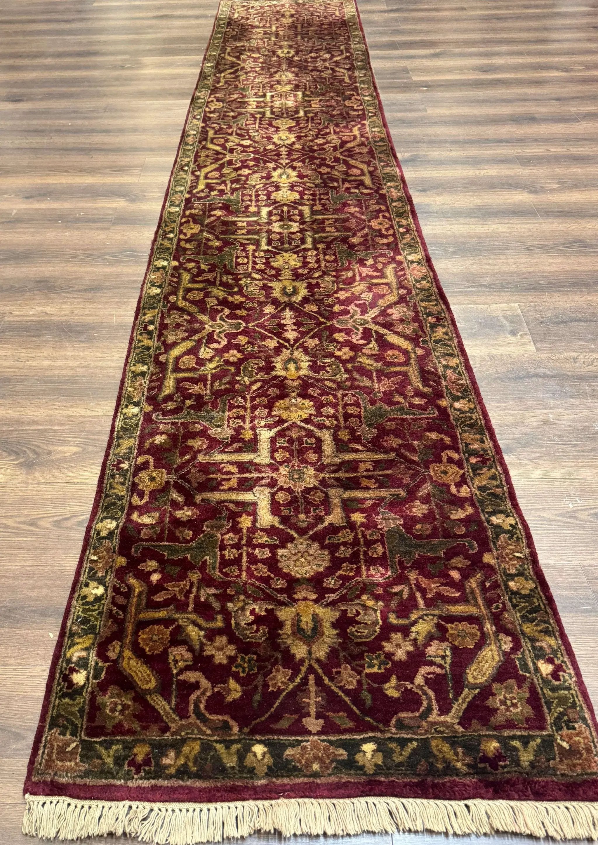 Indo Persian Runner Rug 2.7 x 13.8, Maroon, Wool, Handmade Indian Rug for Hallway by Jewel Rugs