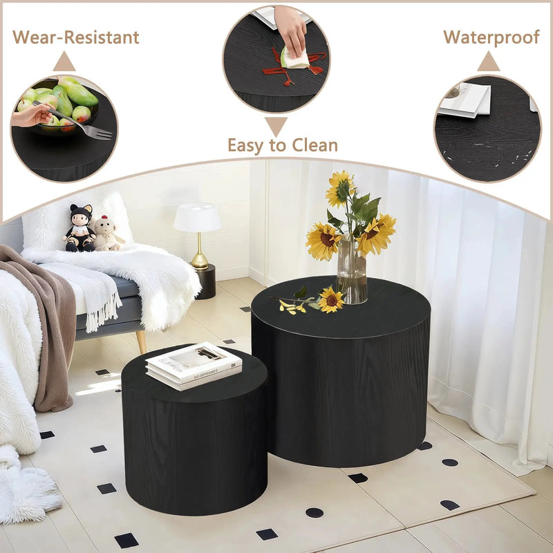 Nesting Coffee Table Set of 2, Modern Round Wood Side Tables by HouseOfZazla