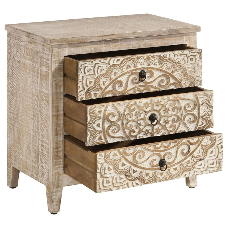 Mariska 3-drawer Wood Mandala Cabinet Distressed White by Unique Piece Furniture