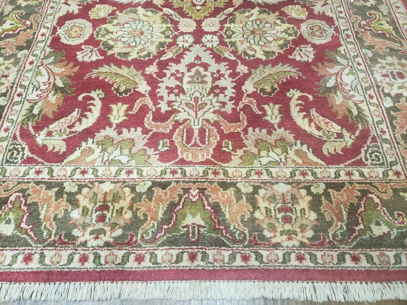 Indo Persian Rug 6x9, Hand Knotted Vintage Indian Sultanabad Agra Wool Rug, Handmade Oriental Carpet 6 x 9, Red Large Floral Design by Jewel Rugs