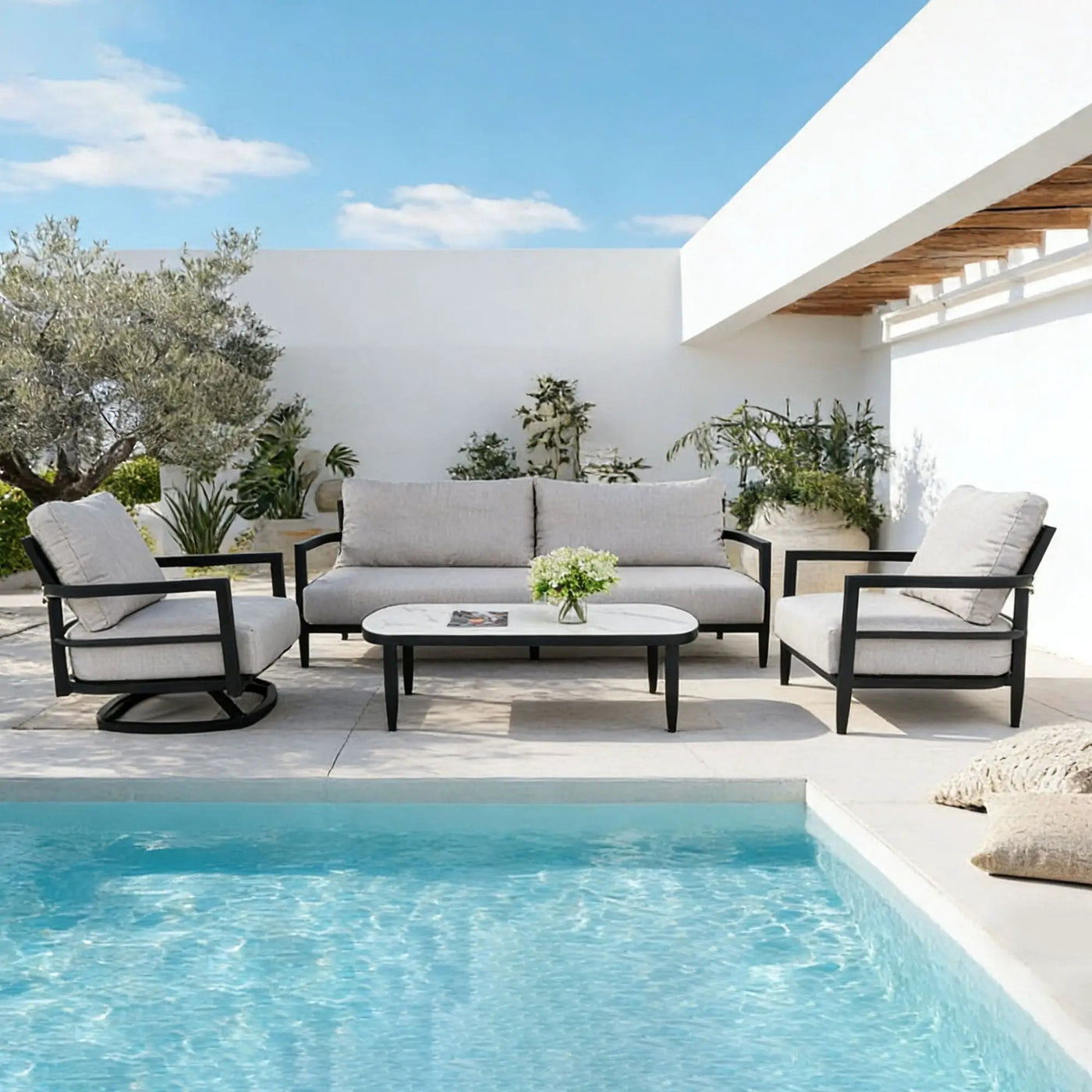 Outdoor Conversation Set With Chairs, Bench Sofa, Tables, Sunbrella Cushions by HouseOfZazla