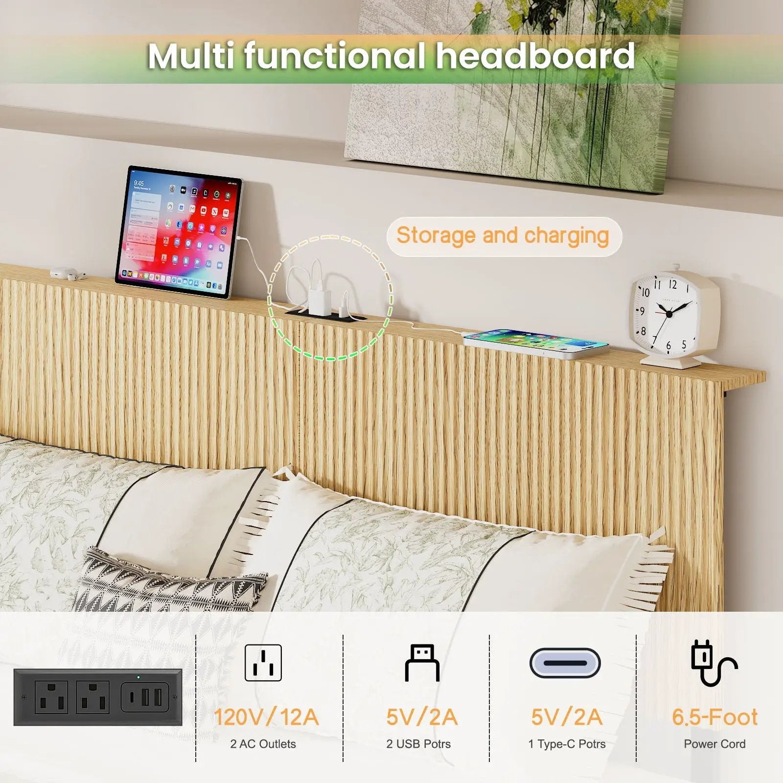 Floating Bedstead With Charging Station And LED Lights