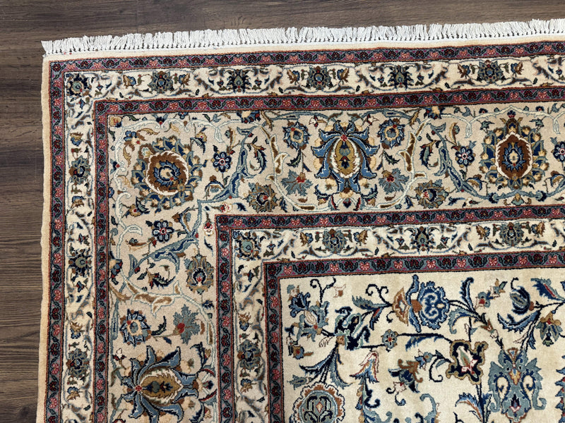 Persian Kashan Rug 10x14, Bone - Beige and Blue, Allover Pattern, Traditional Persian Carpet, Fine 260 KPSI by Jewel Rugs