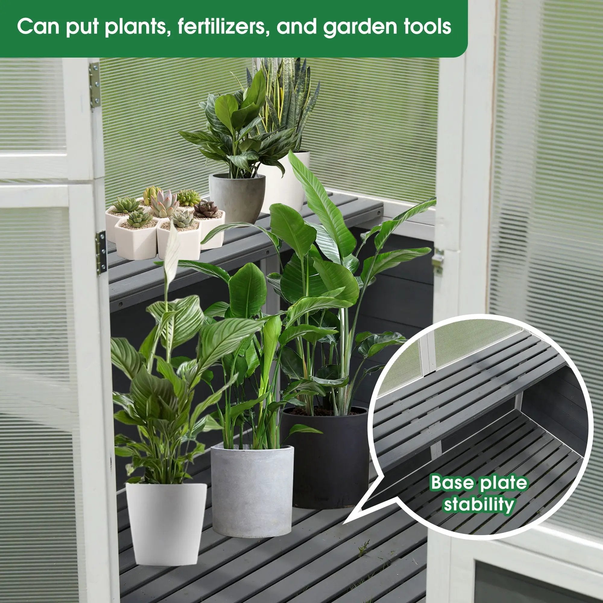 Greenhouse, Wooden Greenhouse Polycarbonate Garden Shed For Plants, Walk-In Outdoor Plant Gardening Greenhouse For Patio Backyard Lawn, Grow House With Front Entry Door - White / Gray by HouseOfZazla