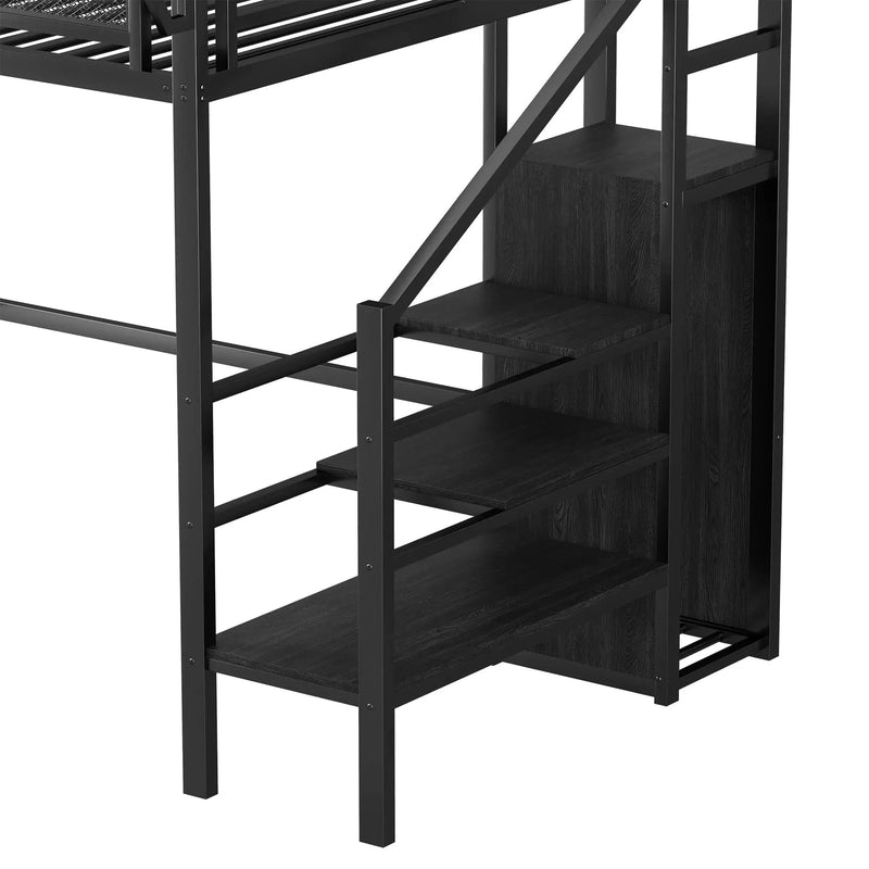 Twin Size Loft Bed with Stairs, Metal Full Loft Bed with Storage Shelves by HouseOfZazla