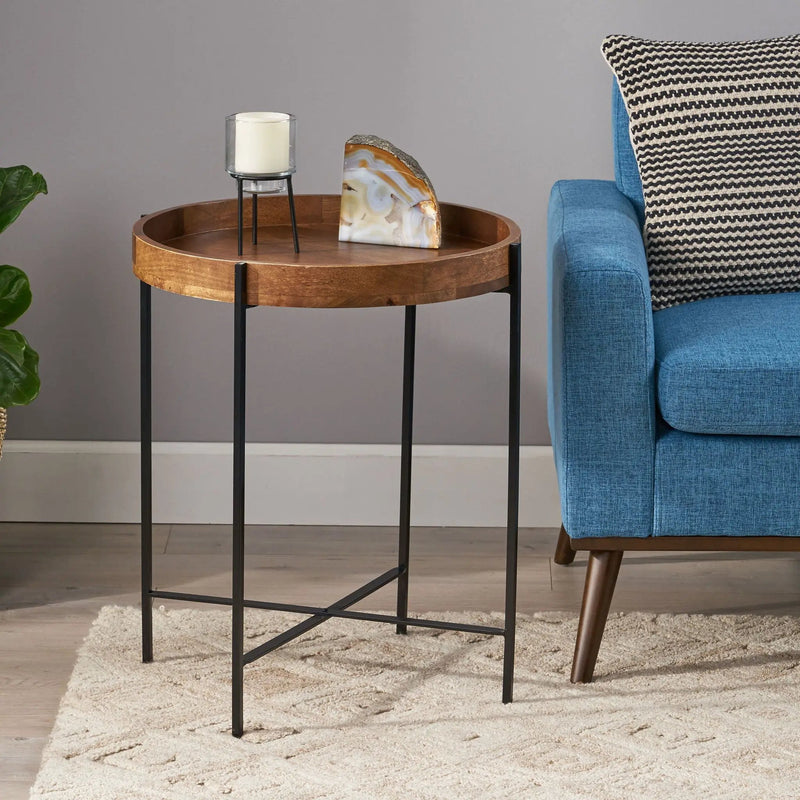 Modern Industrial Round End Table with Tray Top and Foldable Iron Legs - Natural by HouseOfZazla