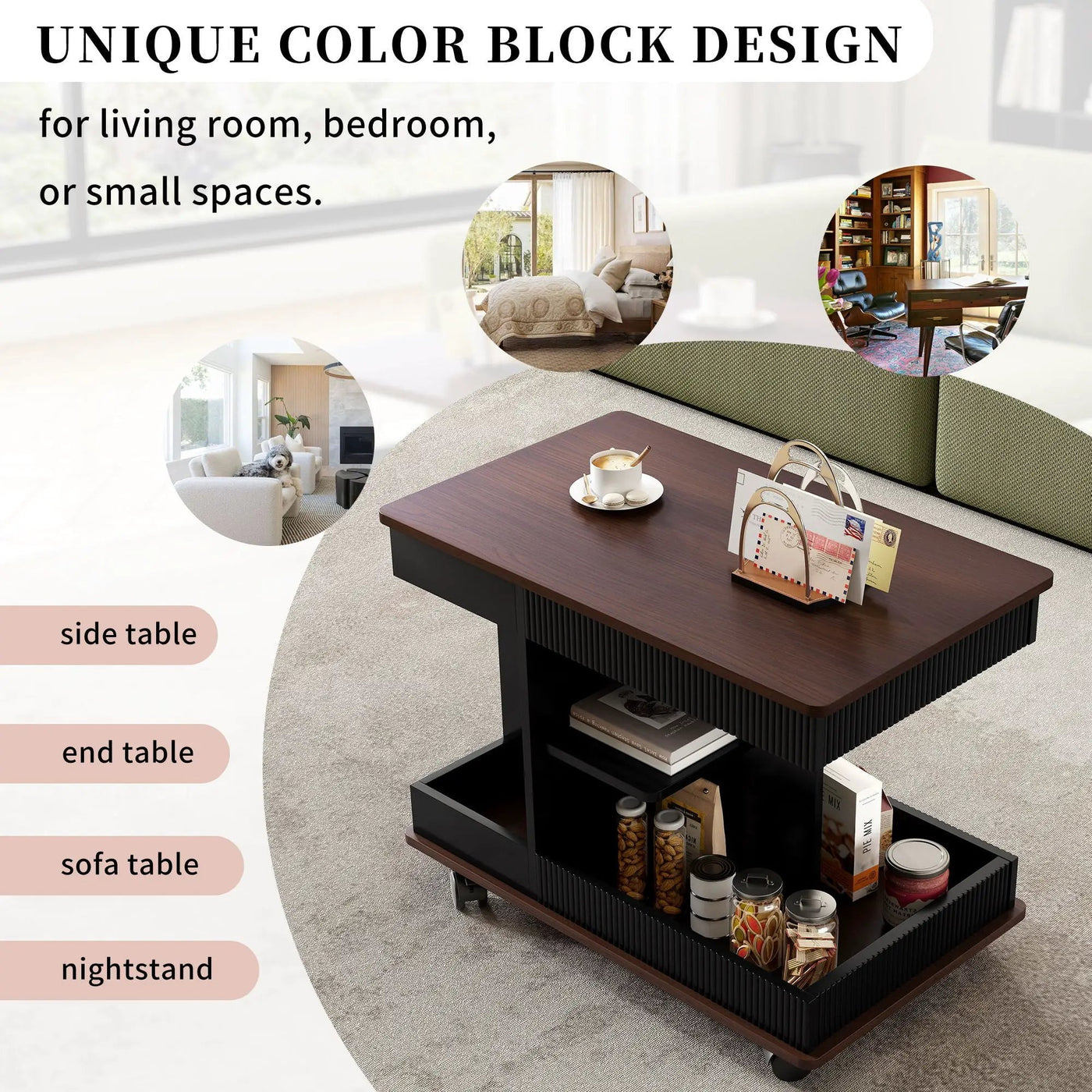 Adjustable End Table With Wheels, 360°Rotating Top And Storage Space by HouseOfZazla