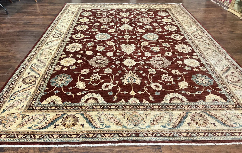 Peshawar Rug 9x11, Pakistani Oriental Carpet, Maroon and Beige, Floral Allover, Wool Hand Knotted Handmade Vintage Rug by Jewel Rugs