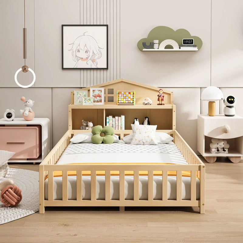 Full Size Montessori Floor Bed With Bookcases And boards, Solid Wood Platform Bed With Guard Rails And Storage Headboards - Natural by HouseOfZazla