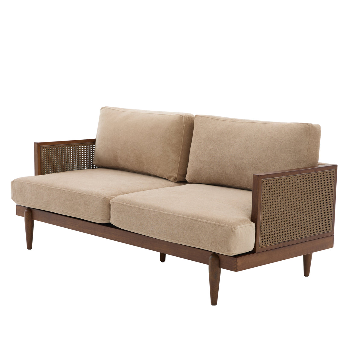 Emir 72" Square Arm 3-Seater Velvet Sofa with Cane Rattan - Camel or Light Green, photo 3 of 10