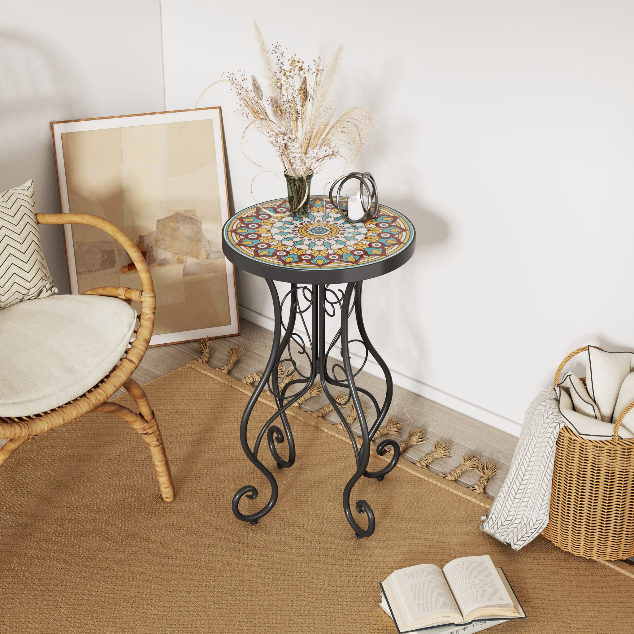 Round Ceramic Outdoor Side Table, Colorful + Black by HouseOfZazla