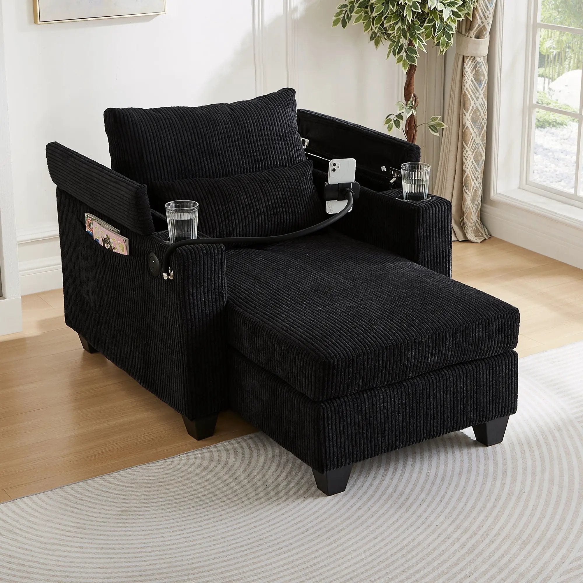 Convertible Chaise Lounge Sofa Chair With USB Ports, Cup Holders, Phone Holder And Storage by HouseOfZazla