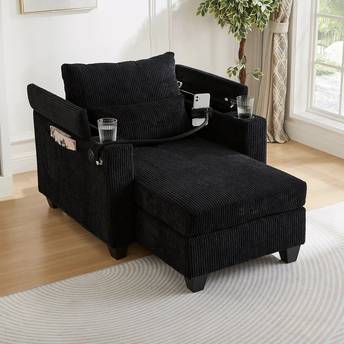 Convertible Chaise Lounge Sofa Chair With USB Ports, Cup Holders, Phone Holder And Storage by Unique Piece Furniture