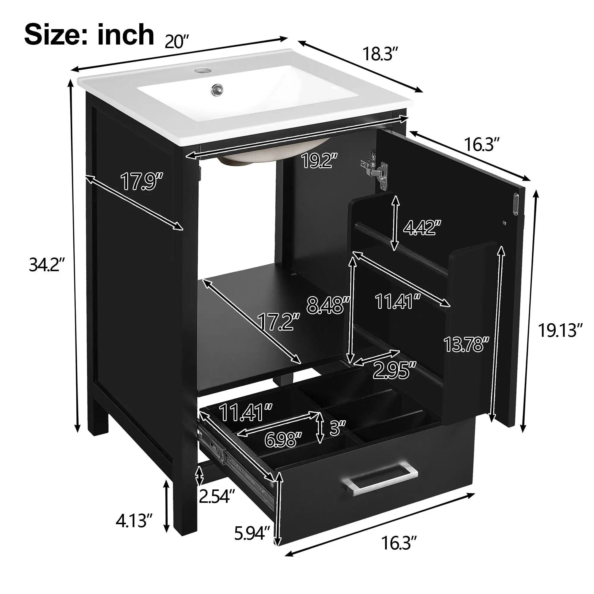 Bathroom Vanity With Ceramic Sink, Soft Close Drawers, Door Organizer, Divider Drawer, Adjustable Foot Pads by HouseOfZazla