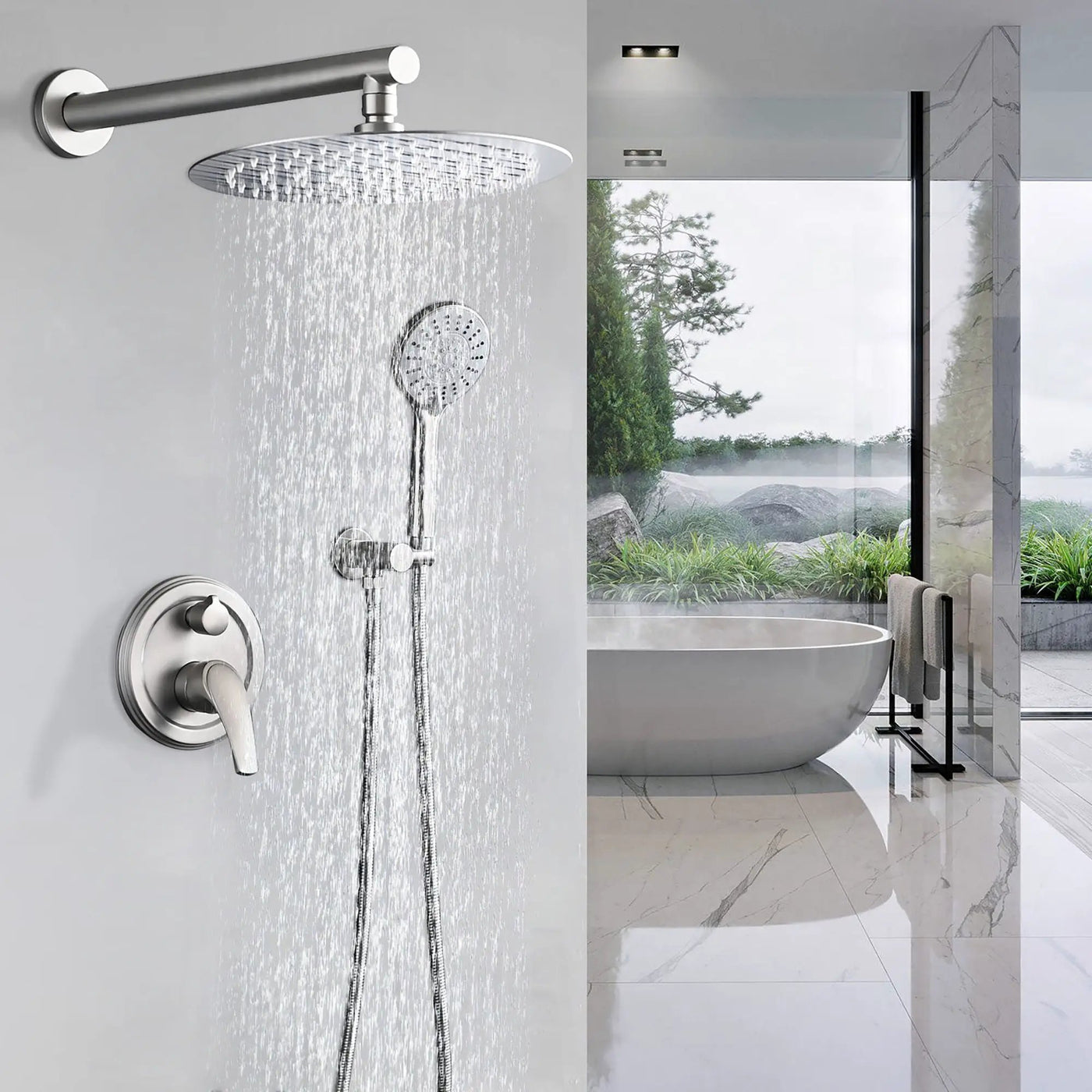 Wall Mounted Shower Set With High Pressure 10" Rain Shower Head And 5 Function Handheld Shower Head by HouseOfZazla