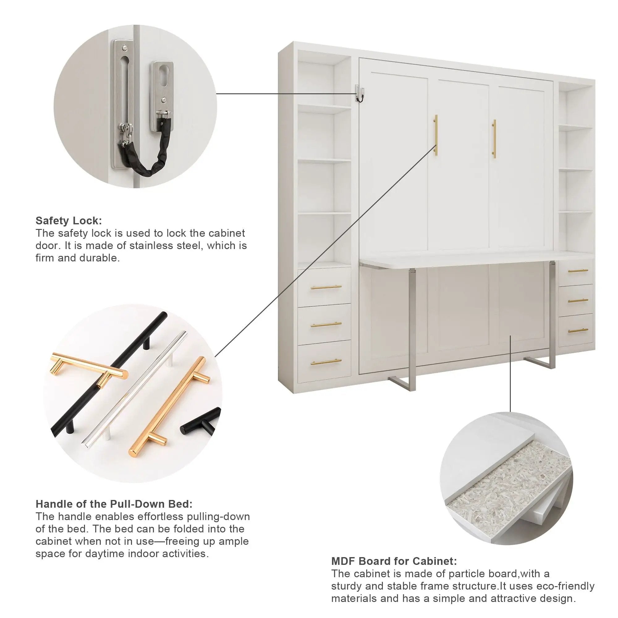 Queen Size Murphy Wall Bed With Side Storage Cabinets - White by HouseOfZazla