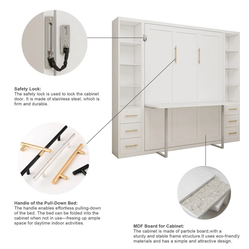 Queen Size Murphy Wall Bed With Side Storage Cabinets - White by HouseOfZazla