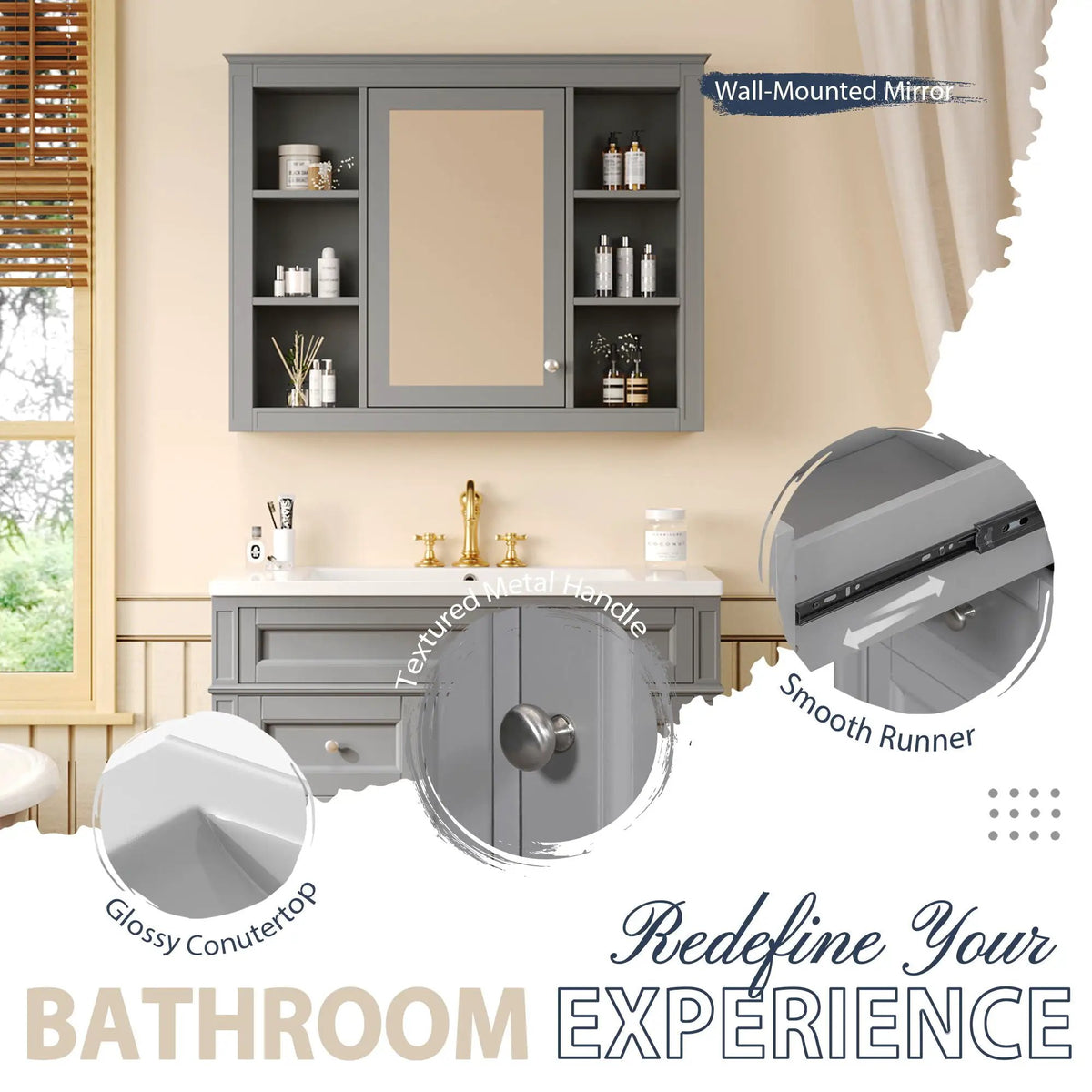 Bathroom Vanity With Mirror Cabinet, Single Sink With 2 Soft Closing Doors And 4 Drawers, photo 30 of 35