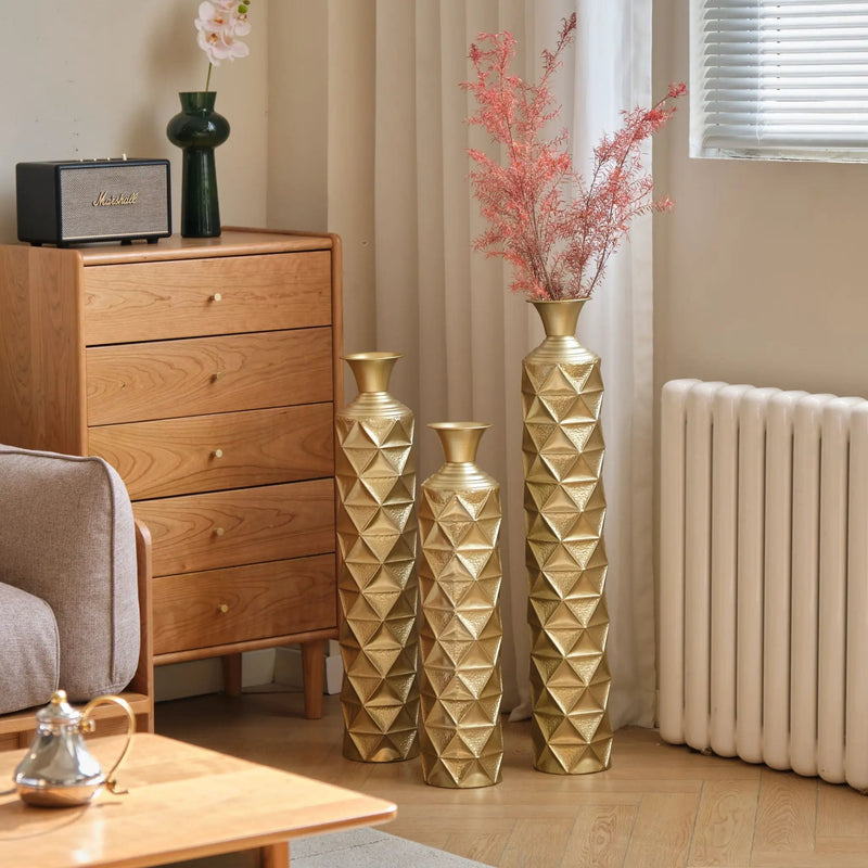 Metal Decorative Vase High Distress Metal Center Vase With 3D Triangle Pattern, (Set of 3) Vases For Home Decoration - Gold by HouseOfZazla