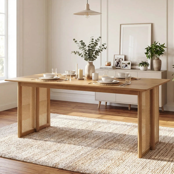 Natural Rubber Wood Dining Table with Rattan Accents, photo 2 of 10