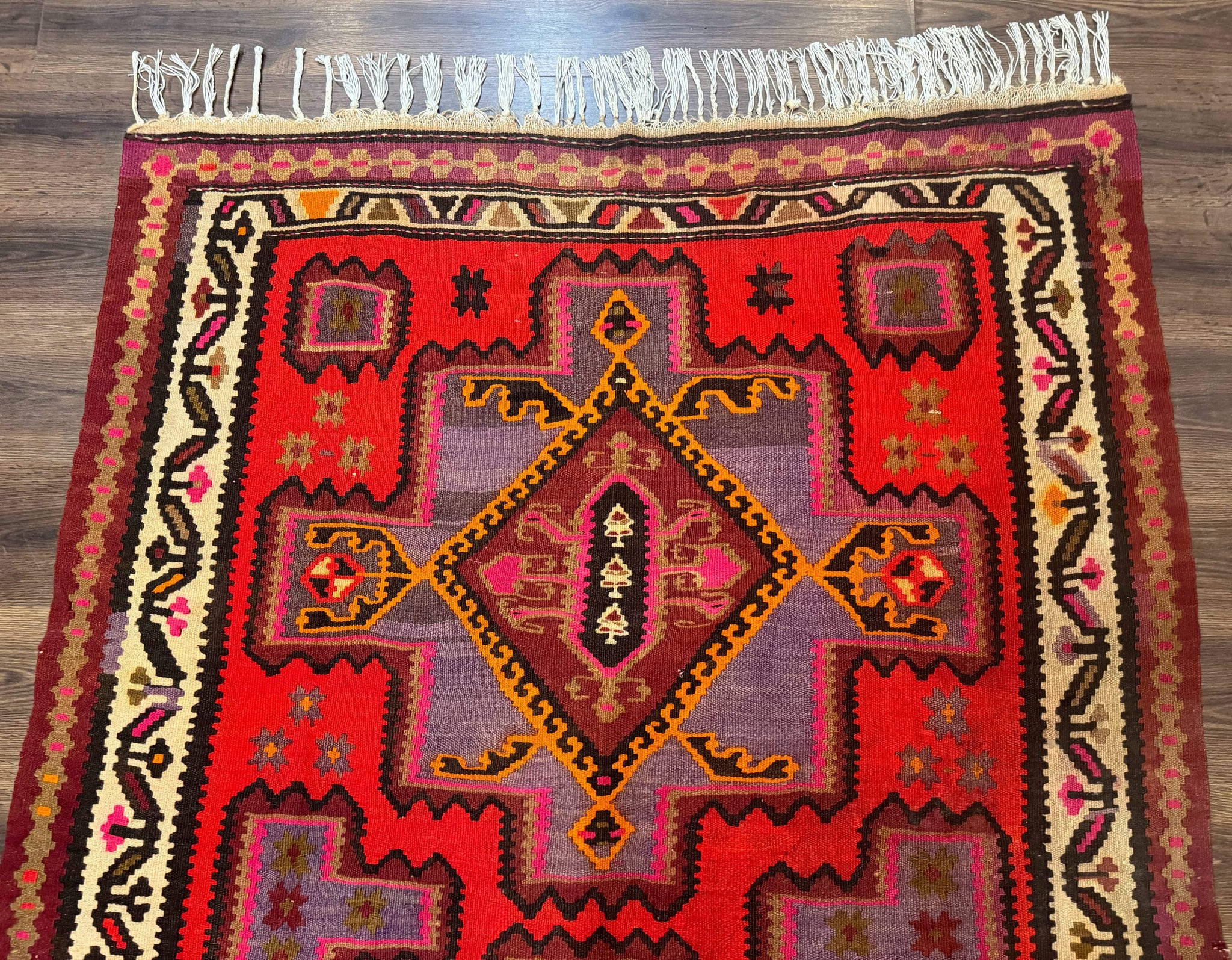 Persian Kurdish Zarand Kilim Rug 5x9, Red, Geometric Medallions, Wide Runner by Jewel Rugs