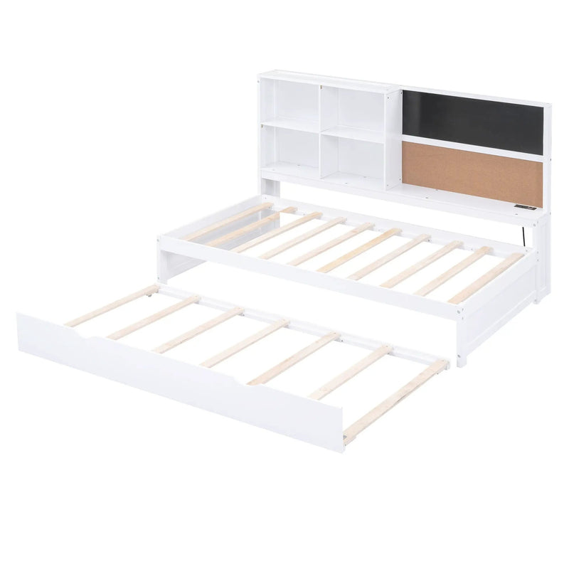 Twin Size Daybed With Storage Shelvesboard, Cork Board, USB Ports And Trundle - White by HouseOfZazla