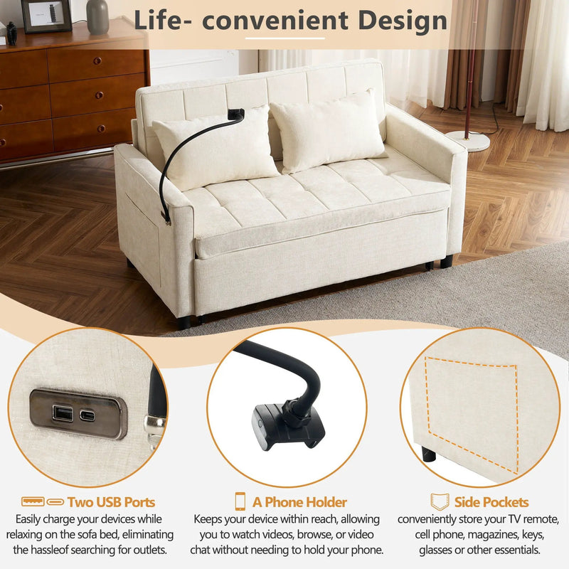 Pull-Out Sleeper Sofa With Reversible Backrest Cushion, Side Pockets, 2 USB Ports And A Phone Holder For Living Room by HouseOfZazla