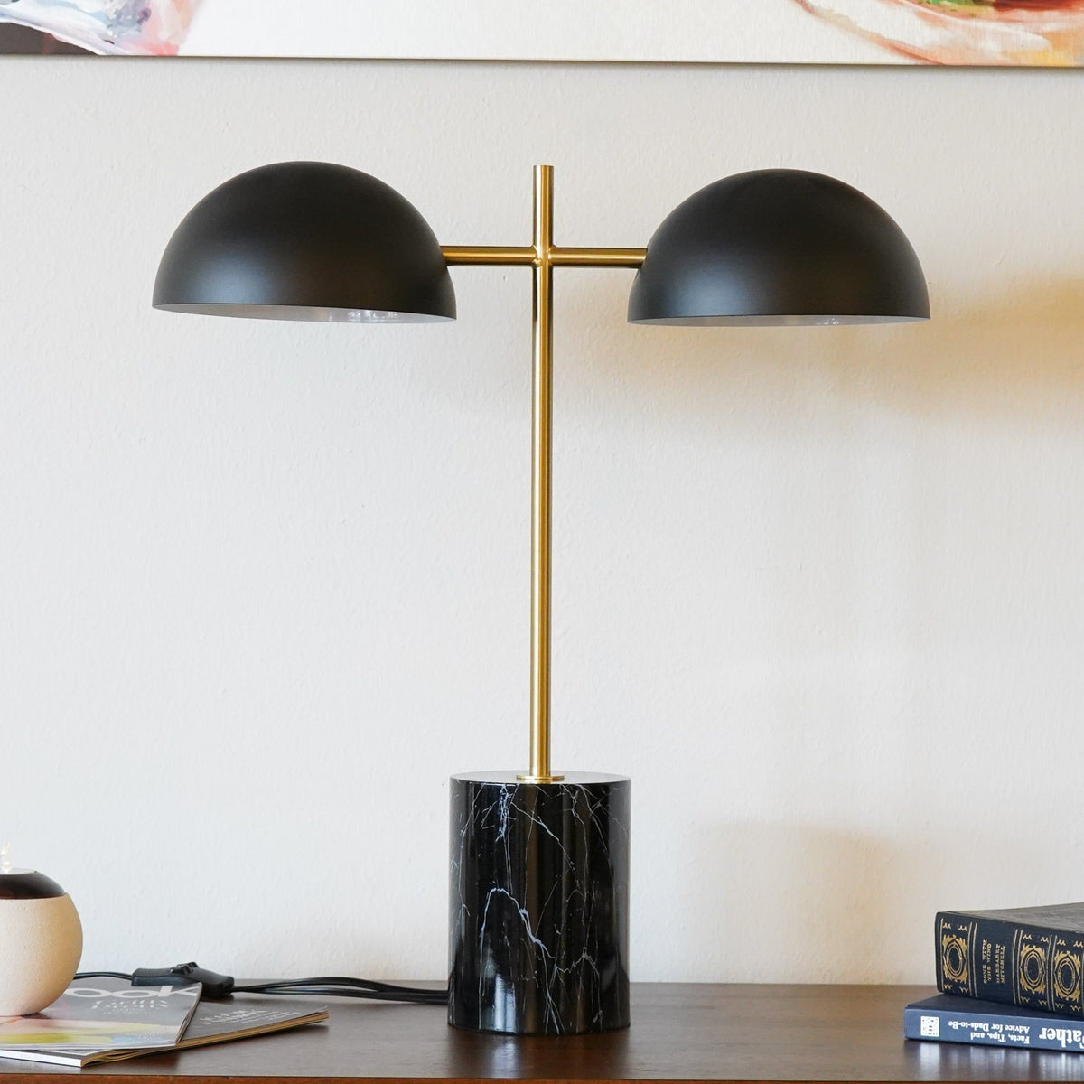 Hydro Table Lamp with Double Lamp and Marble Base - Black / Gold / Marble, photo 8 of 11