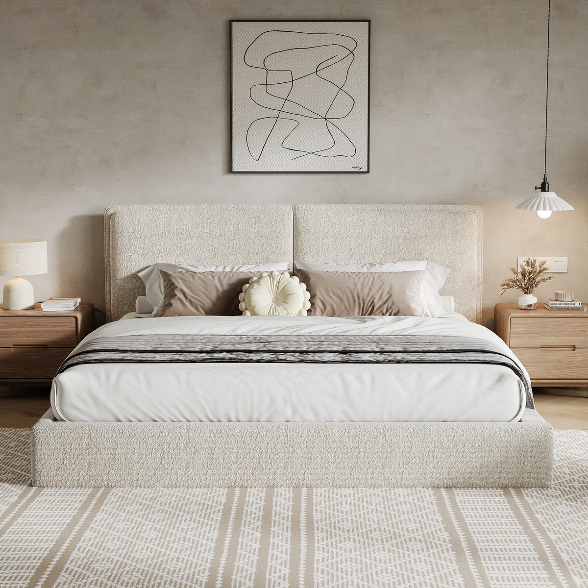 Double-Pillow Upholstered Bed with Skin-Friendly Fabric - Beige or Beige+Cream, photo 2 of 10